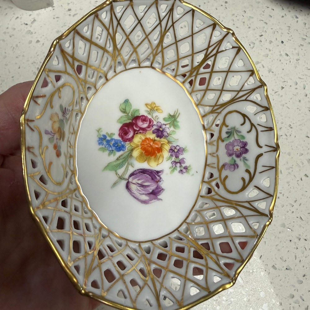 Schumann Germany Handcut China Reticulated Floral Gold Gilt Nut Bowl Vintage